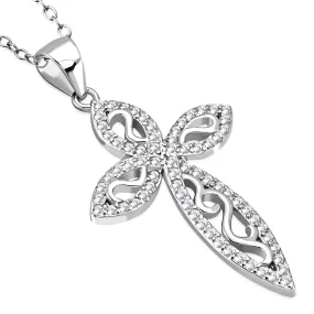 925 Sterling Silver Clear CZ Filigree Design Cross Pendant Necklace, 18"