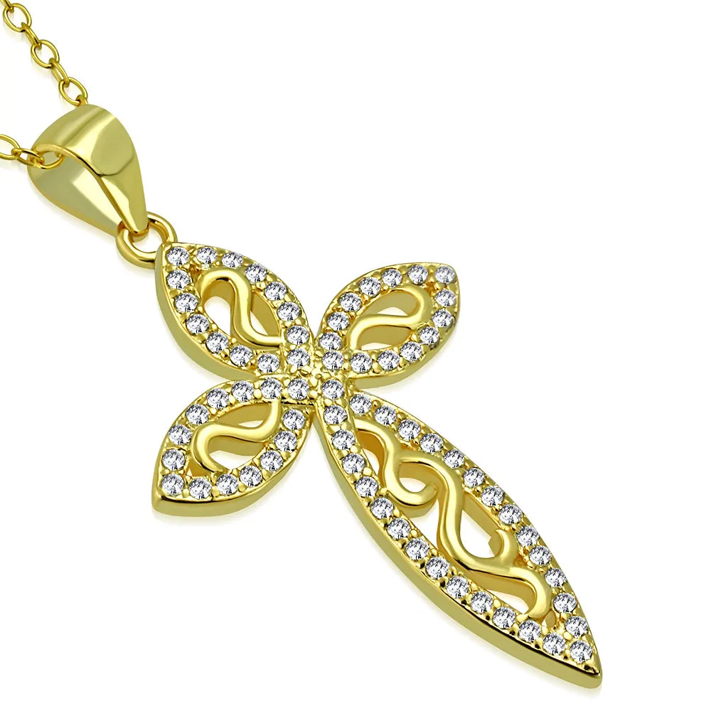 925 Sterling Silver Clear CZ Filigree Design Cross Pendant Necklace, 18"