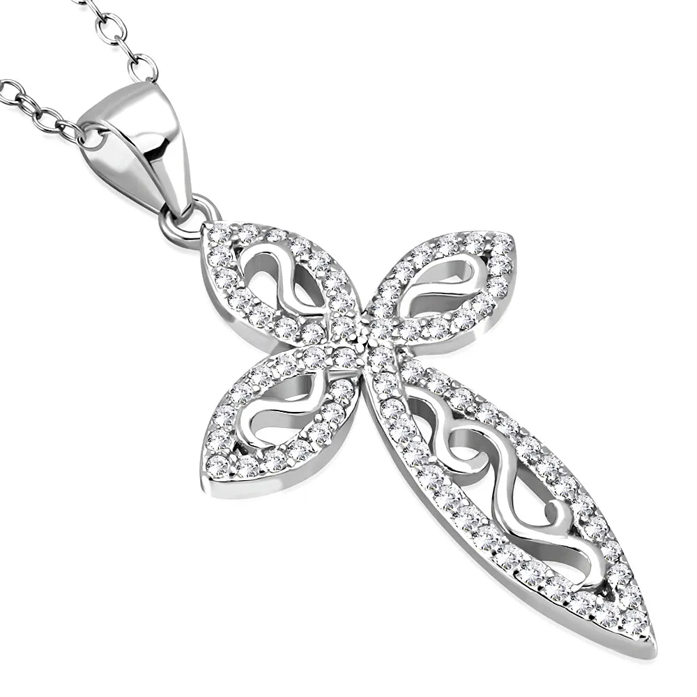 925 Sterling Silver Clear CZ Filigree Design Cross Pendant Necklace, 18"