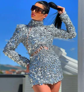 Adelynn Beautifull full sleeves Silver Evening Dress