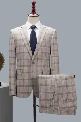 Beige Plaid Two Pieces Men Business Suits with Notched Lapel