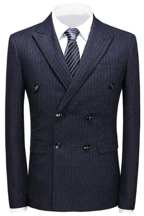 Black Double Breasted Striped Business Suits with Peaked Lapel
