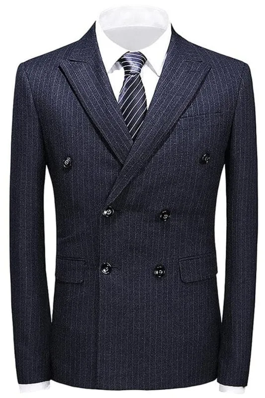 Black Double Breasted Striped Business Suits with Peaked Lapel