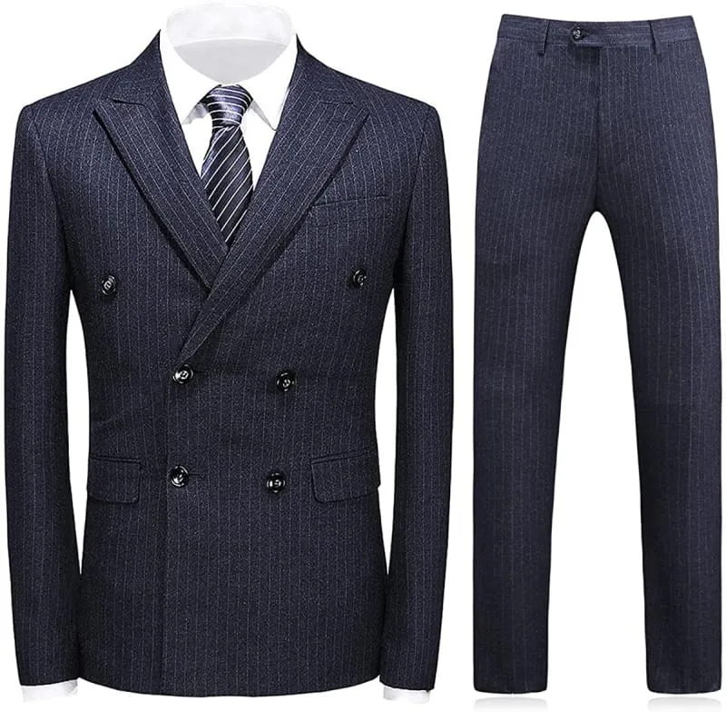 Black Double Breasted Striped Business Suits with Peaked Lapel