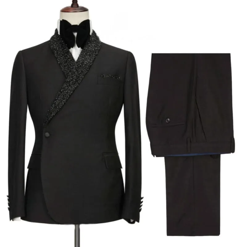 Black Two Pieces Wedding Suits Sequins Shawl Lapel Tuxedo 2 Pieces Blazers Wedding Party Groom