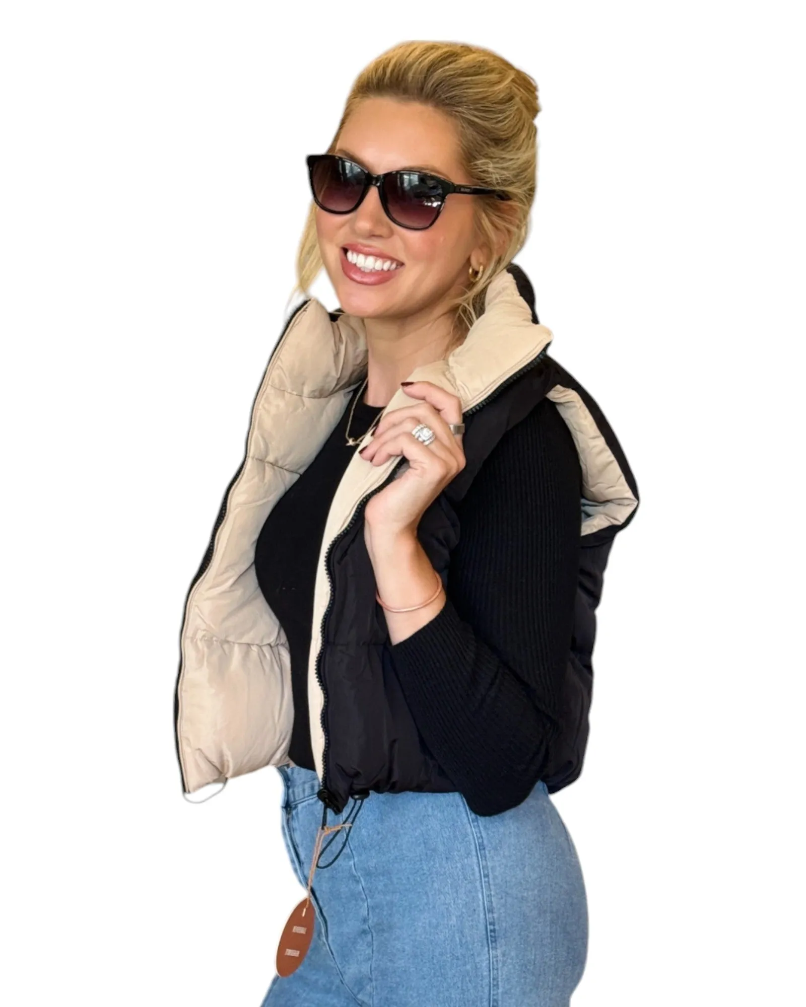 Black/Creamy Beige Reversible Cropped Puffer Vest