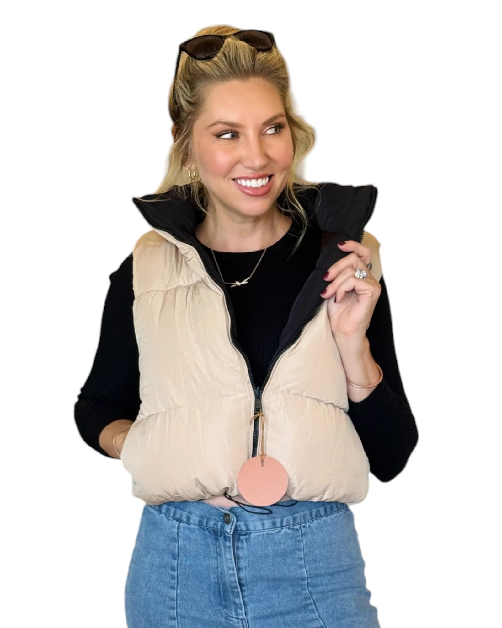 Black/Creamy Beige Reversible Cropped Puffer Vest