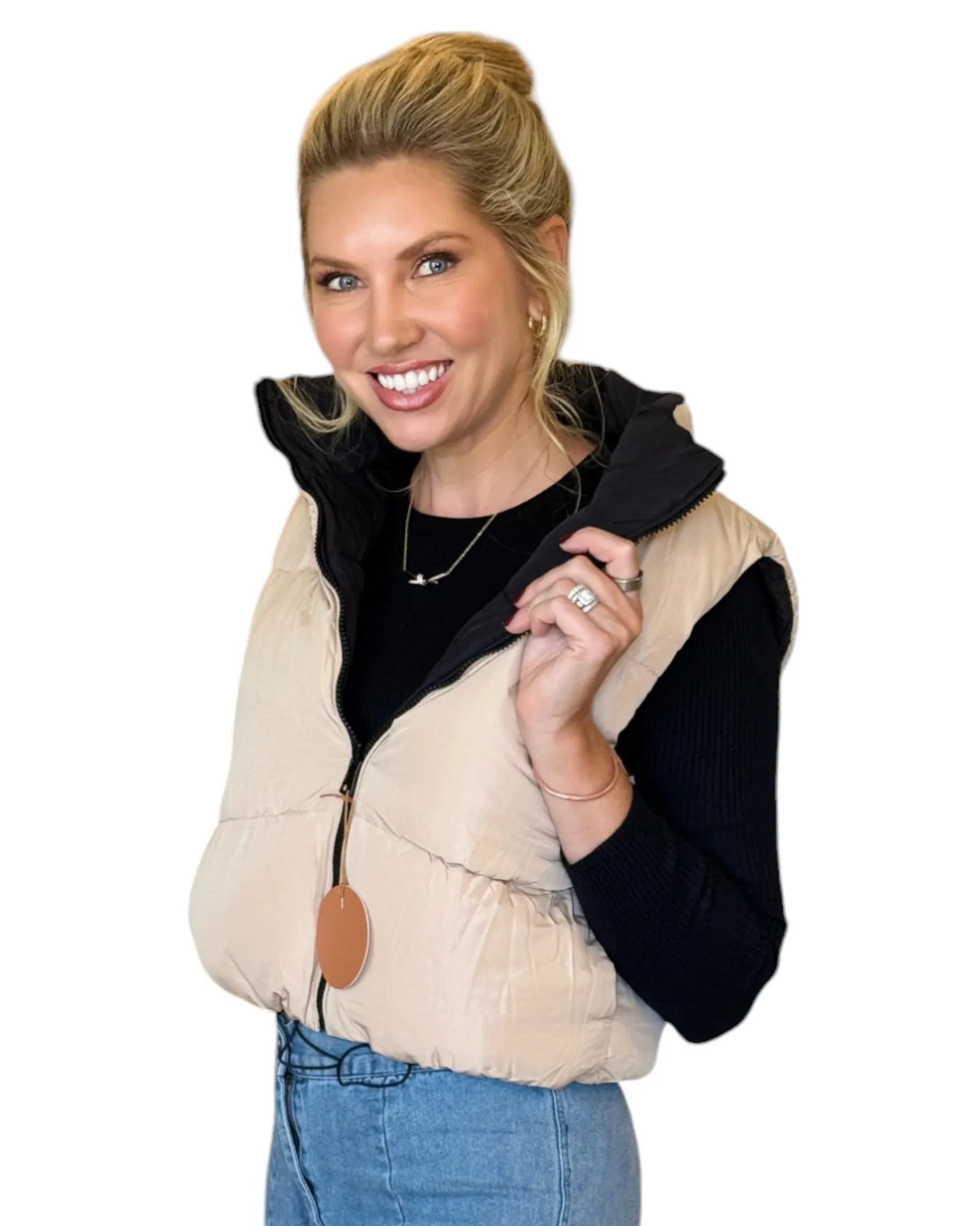 Black/Creamy Beige Reversible Cropped Puffer Vest