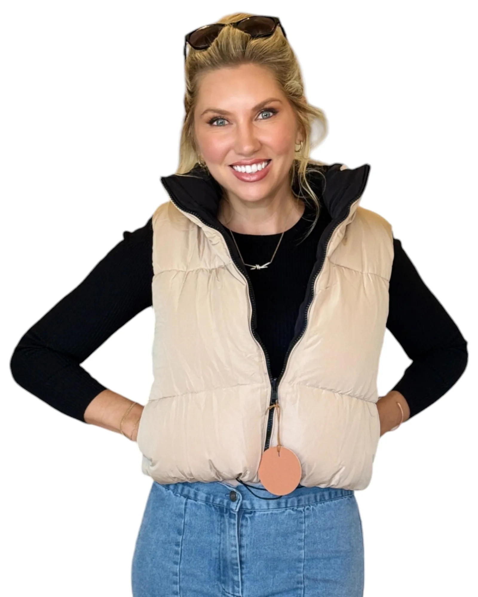 Black/Creamy Beige Reversible Cropped Puffer Vest