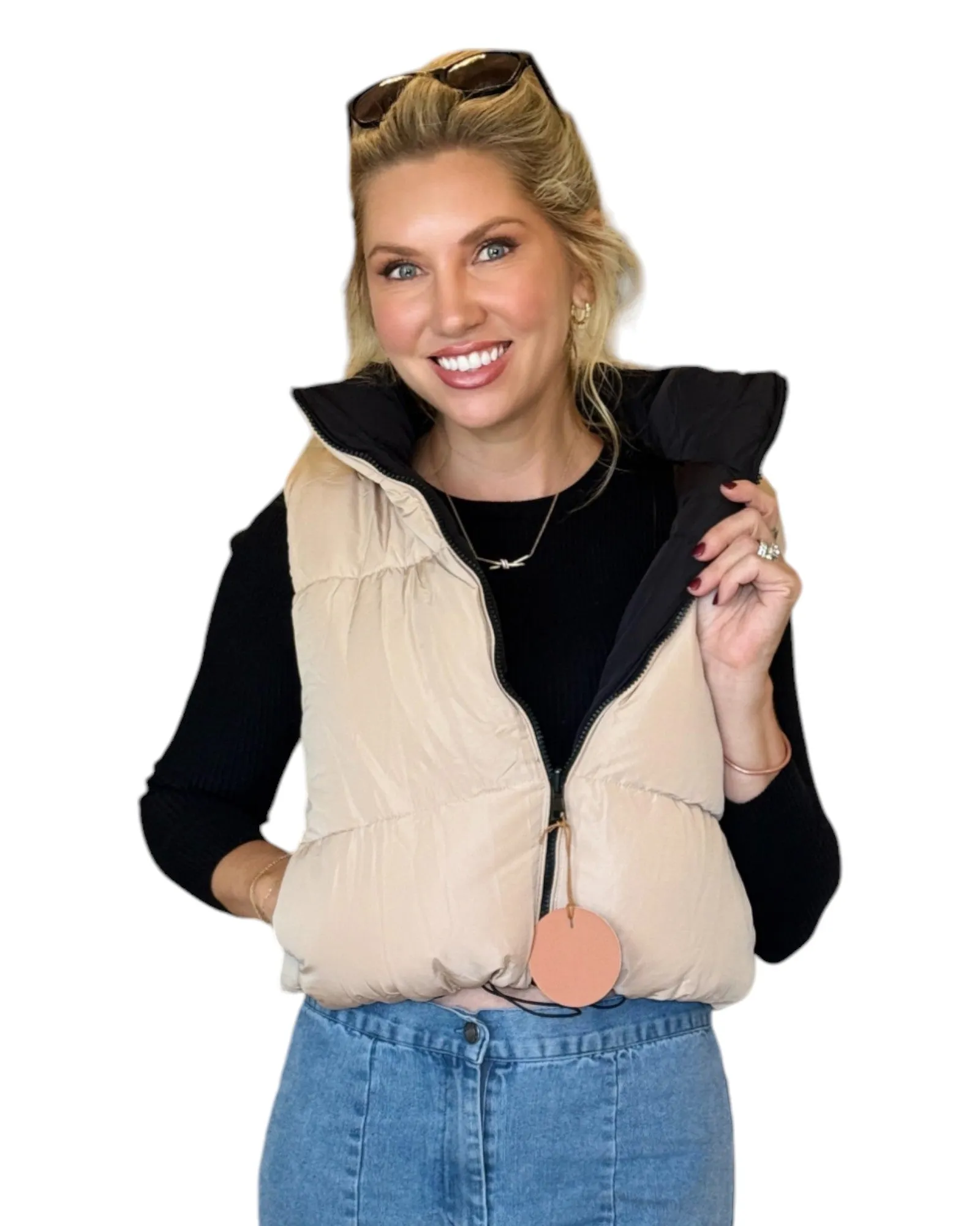 Black/Creamy Beige Reversible Cropped Puffer Vest