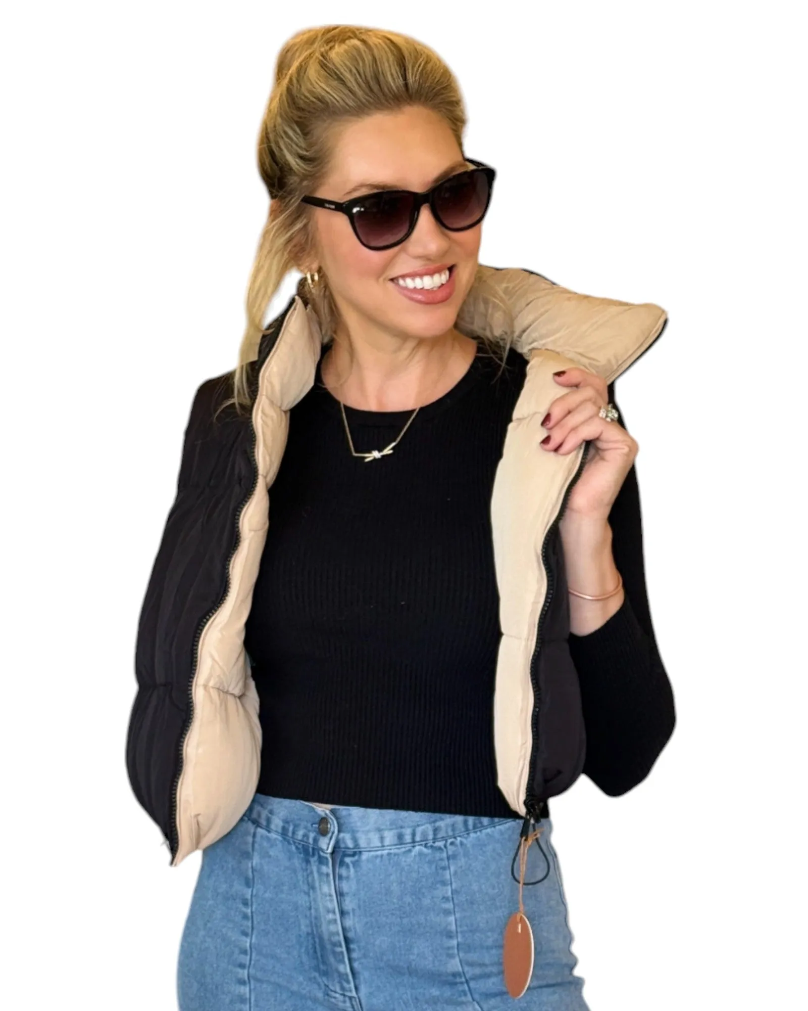 Black/Creamy Beige Reversible Cropped Puffer Vest