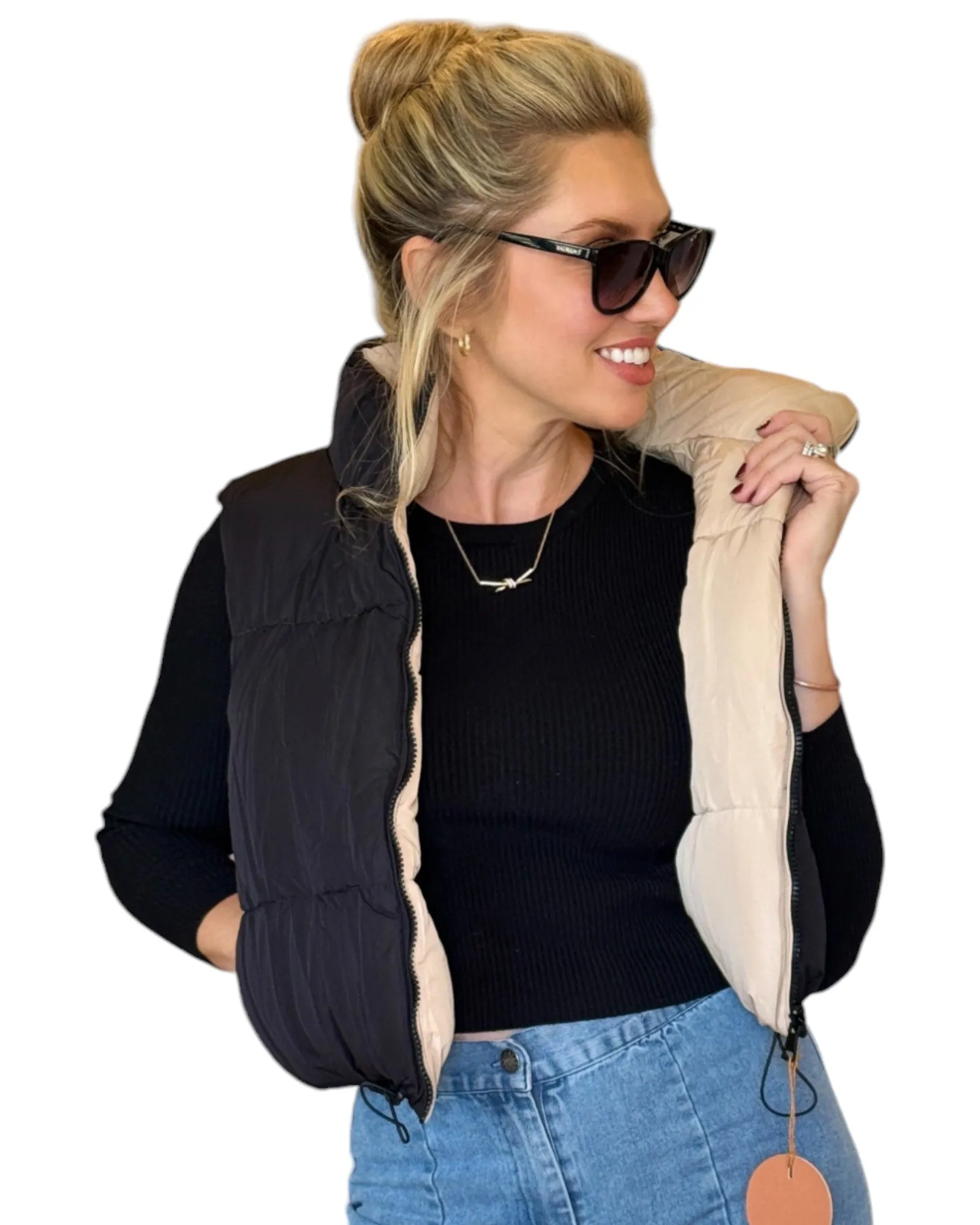 Black/Creamy Beige Reversible Cropped Puffer Vest