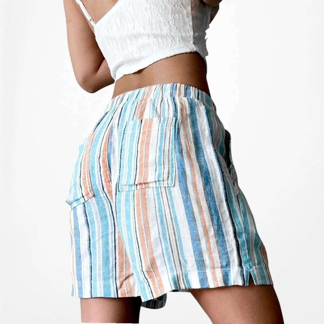 Blue High Low Rise Drawstring Relaxed Fit Summer Bermuda Style Shorts Size XS/S