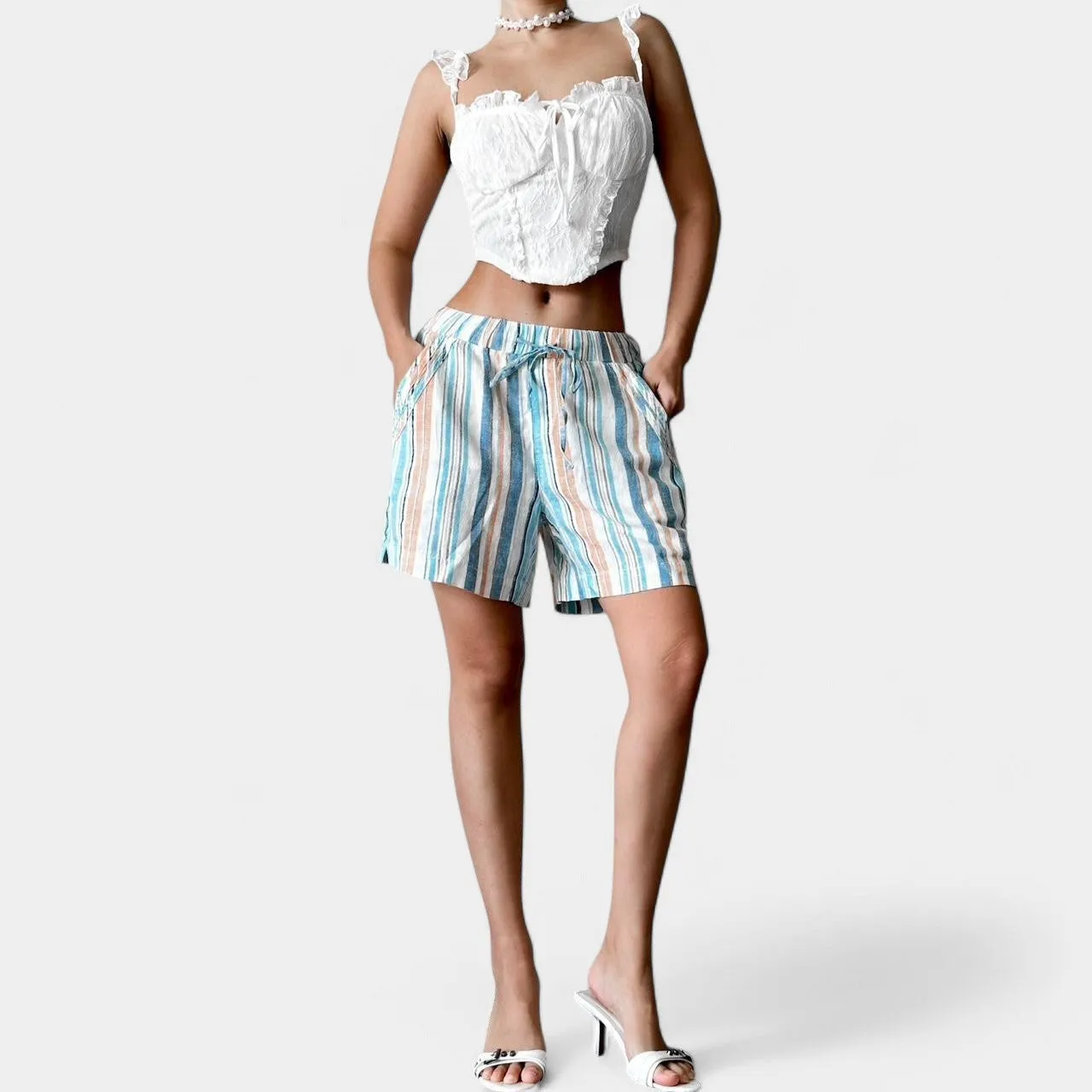 Blue High Low Rise Drawstring Relaxed Fit Summer Bermuda Style Shorts Size XS/S