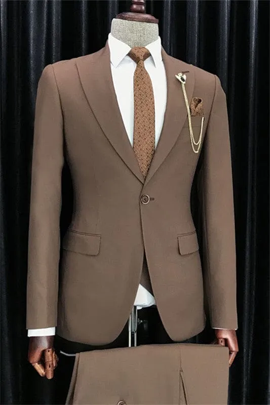 Deep Brown Peaked Lapel Slim Fit Business Suits One Button Two Pieces Bestman Suits