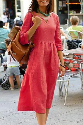 Dunnmall Casual V- neck 3/4 Sleeves Midi Dress