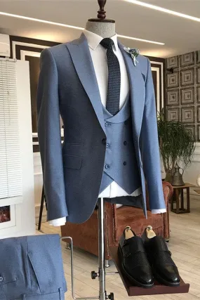 Dusty Blue Peaked Lapel Men Business Suits Three Pieces Suit Wedding