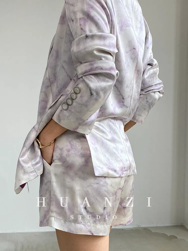 high-quality luxury triacetic tye dye satin long-sleeved short suit - libo