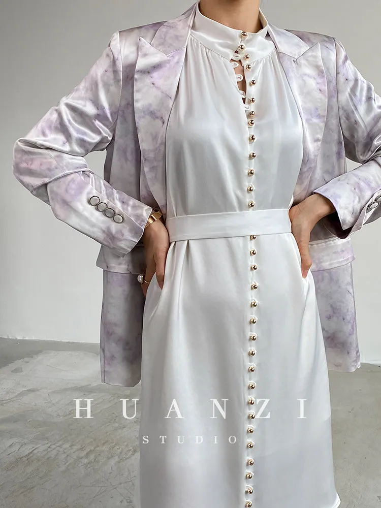 high-quality luxury triacetic tye dye satin long-sleeved short suit - libo