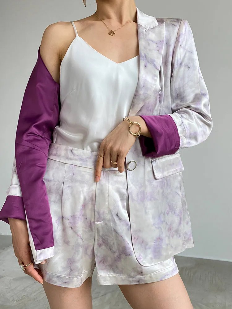 high-quality luxury triacetic tye dye satin long-sleeved short suit - libo