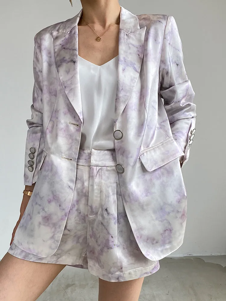 high-quality luxury triacetic tye dye satin long-sleeved short suit - libo