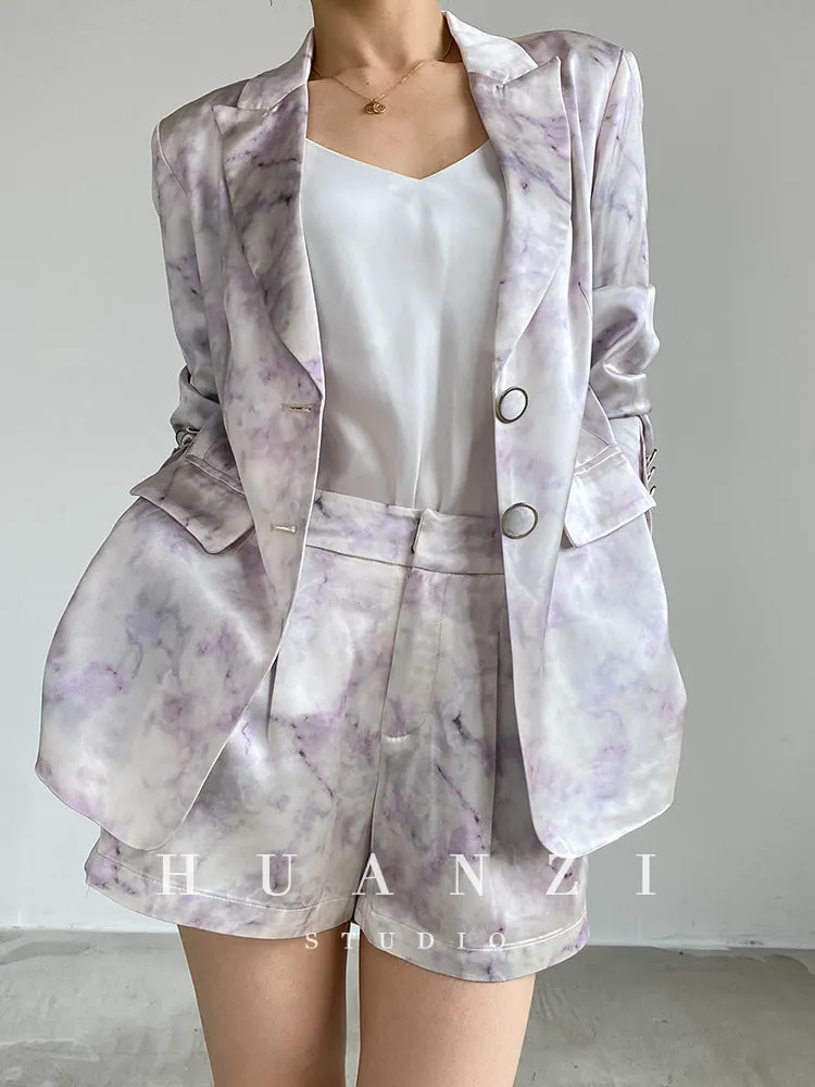 high-quality luxury triacetic tye dye satin long-sleeved short suit - libo