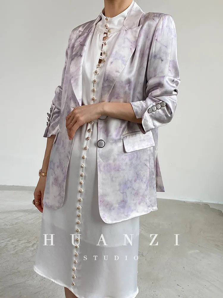 high-quality luxury triacetic tye dye satin long-sleeved short suit - libo