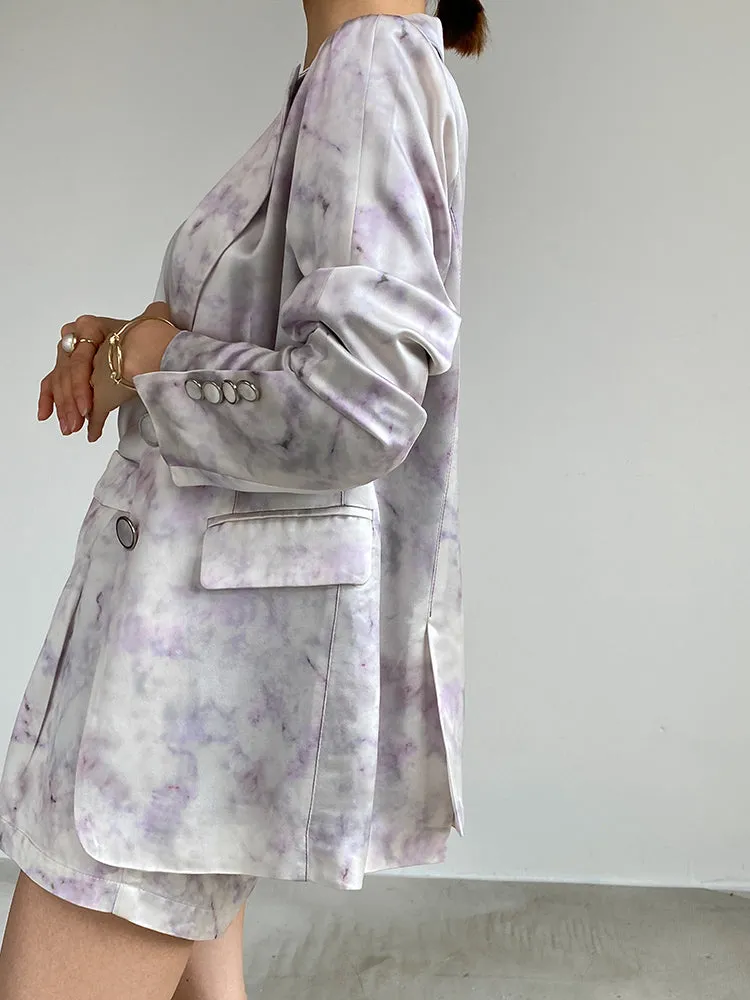 high-quality luxury triacetic tye dye satin long-sleeved short suit - libo