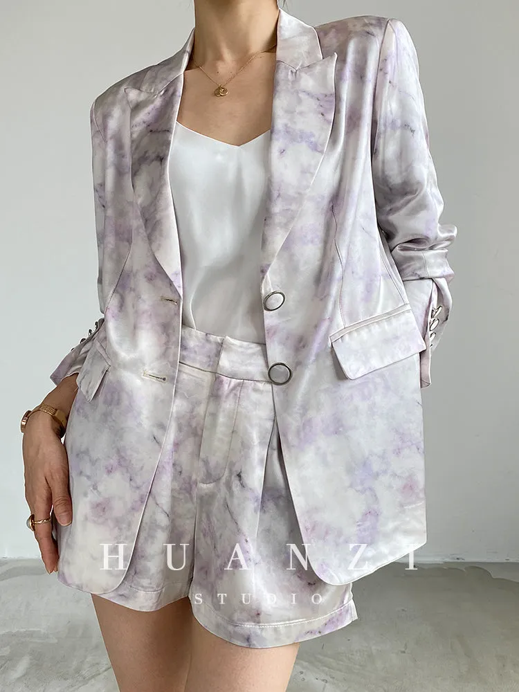 high-quality luxury triacetic tye dye satin long-sleeved short suit - libo