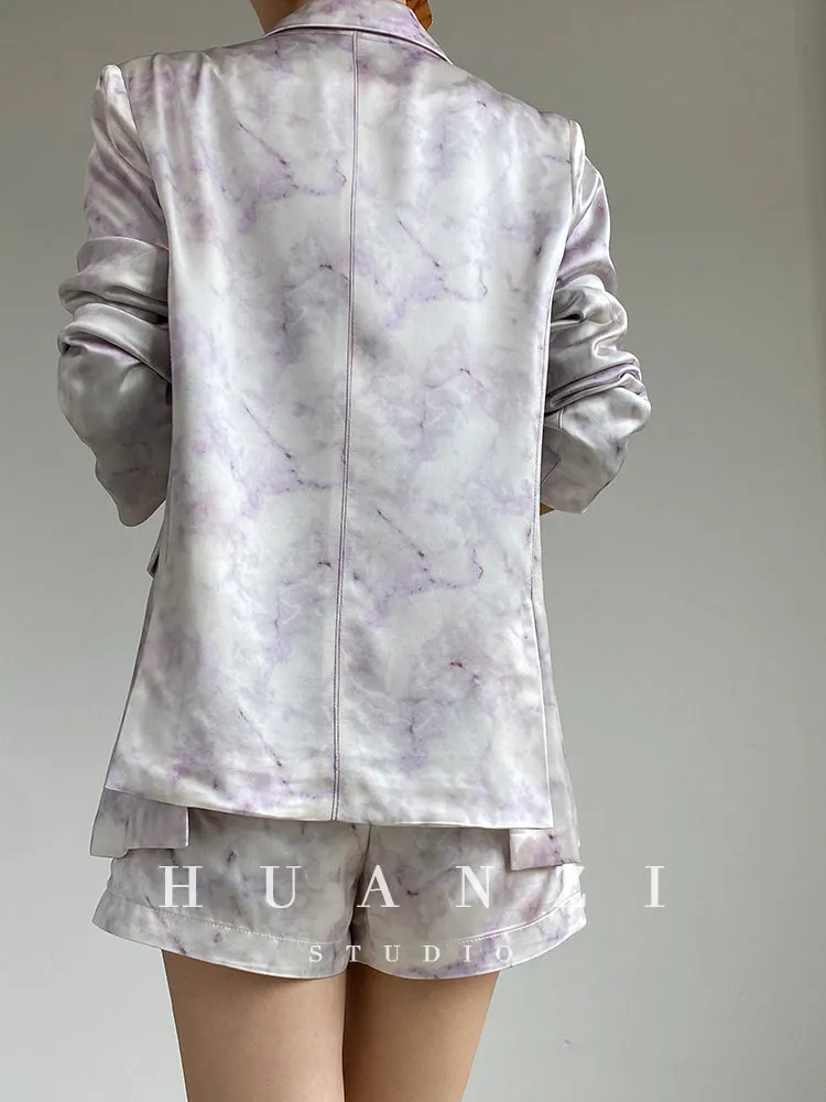 high-quality luxury triacetic tye dye satin long-sleeved short suit - libo