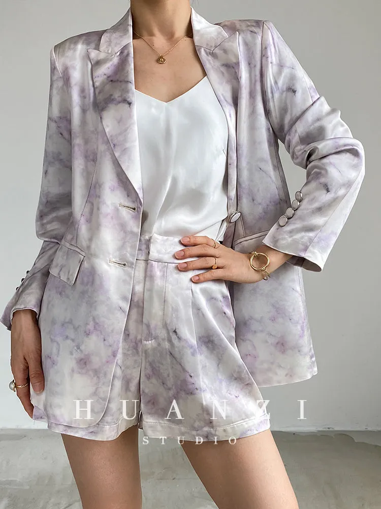 high-quality luxury triacetic tye dye satin long-sleeved short suit - libo