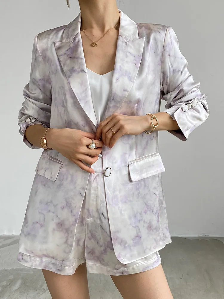 high-quality luxury triacetic tye dye satin long-sleeved short suit - libo