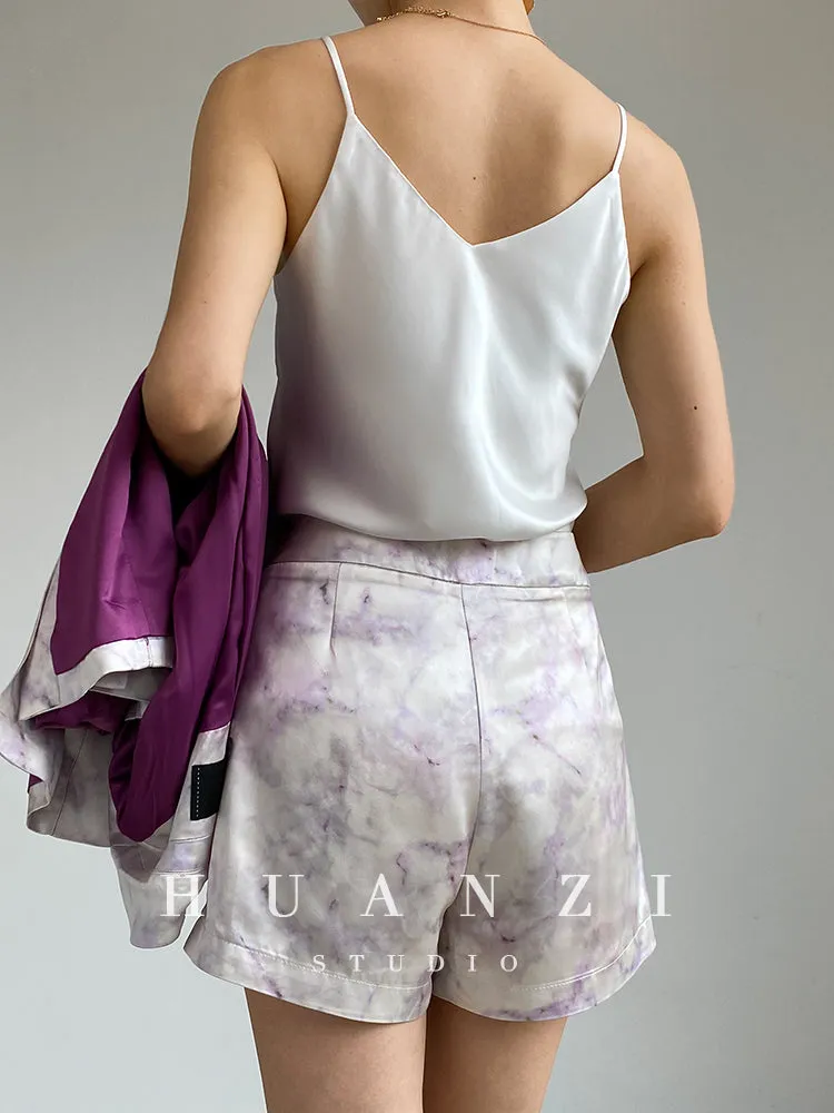 high-quality luxury triacetic tye dye satin long-sleeved short suit - libo