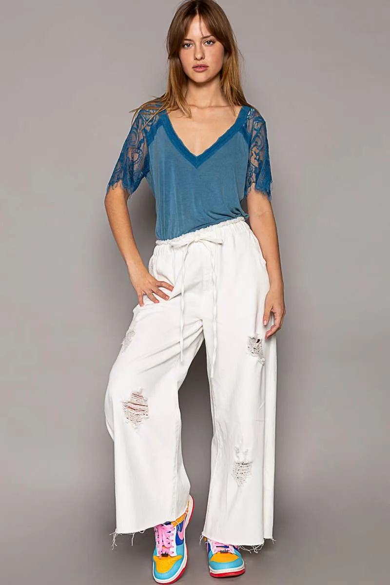 POL 1/2 lace sleeve v-neck tee