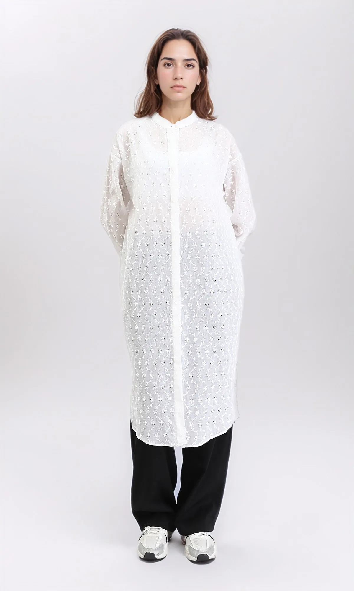 R209114 - Self Pattern Shirt with Mandarin Collar - White