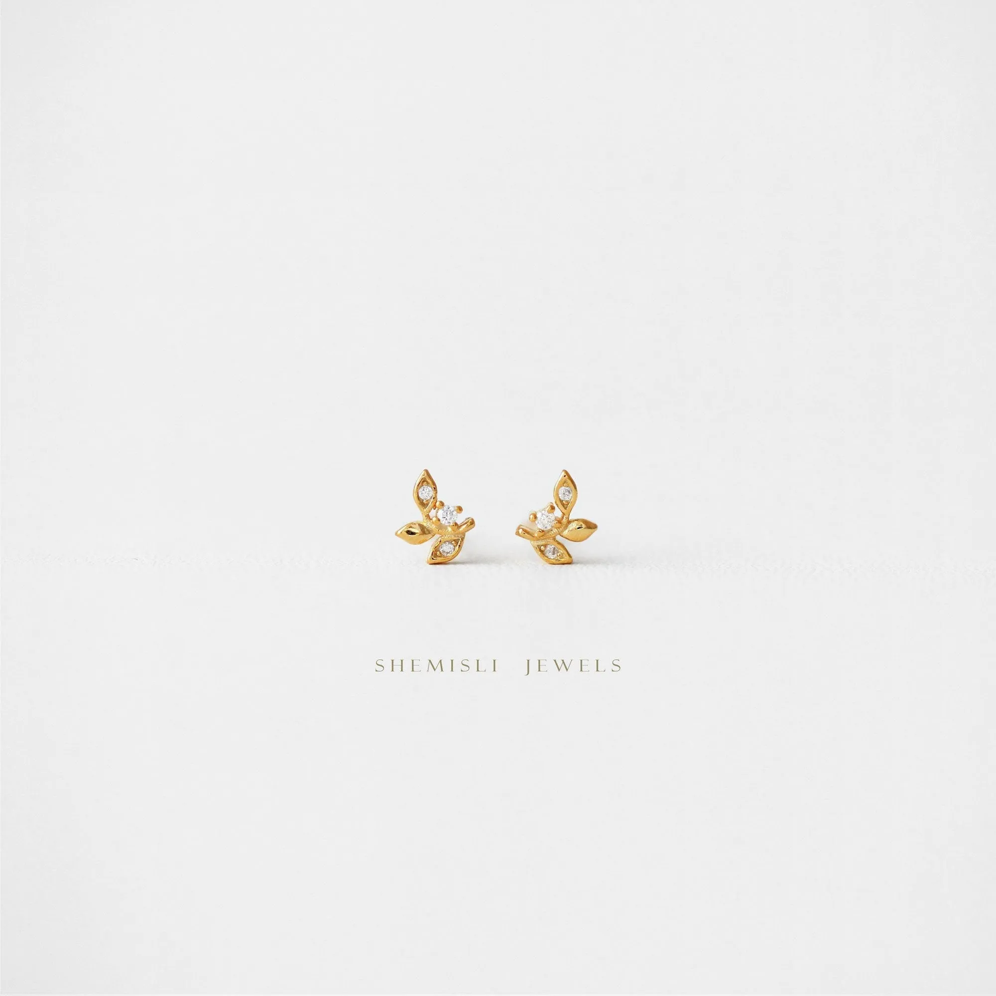 Tiny Leaf CZ Earrings with Screw Ball End (Type B), Unisex, Gold, Silver SHEMISLI - SS336 LR