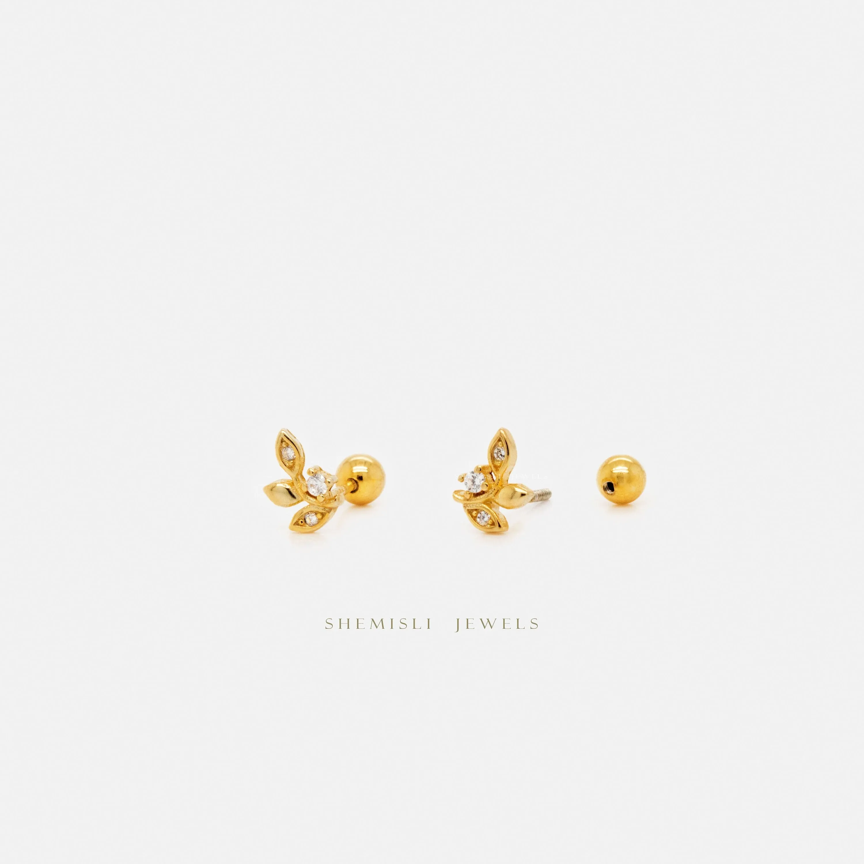Tiny Leaf CZ Earrings with Screw Ball End (Type B), Unisex, Gold, Silver SHEMISLI - SS336 LR