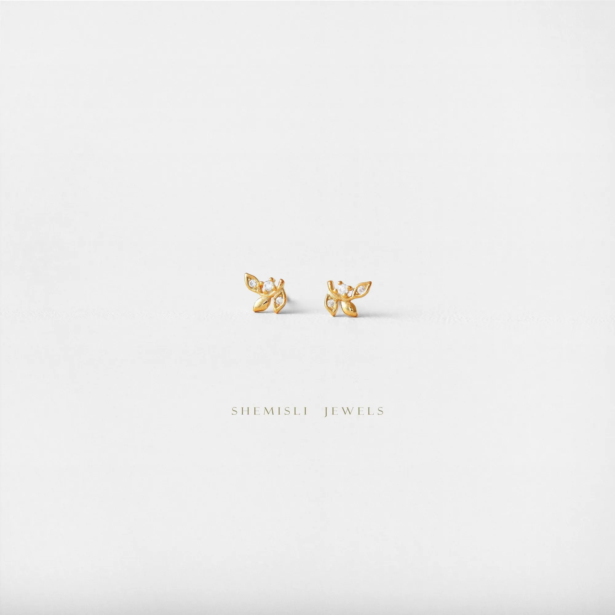 Tiny Leaf CZ Earrings with Screw Ball End (Type B), Unisex, Gold, Silver SHEMISLI - SS336 LR